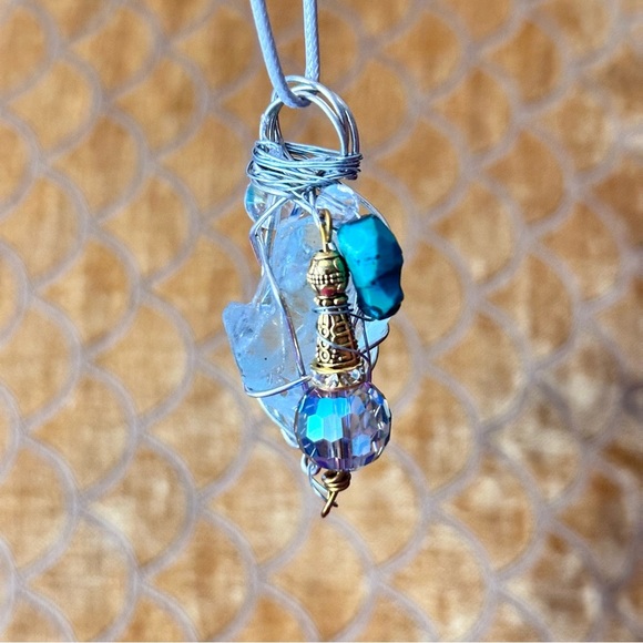 Blue Sea Beach Glass Pendant Beaded Accent Artisan Silver Wire-Wrapped Necklace - Picture 10 of 11